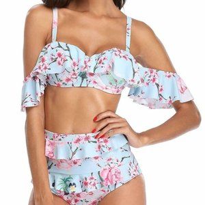 BLUE PRINT OFF SHOULDER RUFFLE TWO PIECE SWIMSUIT